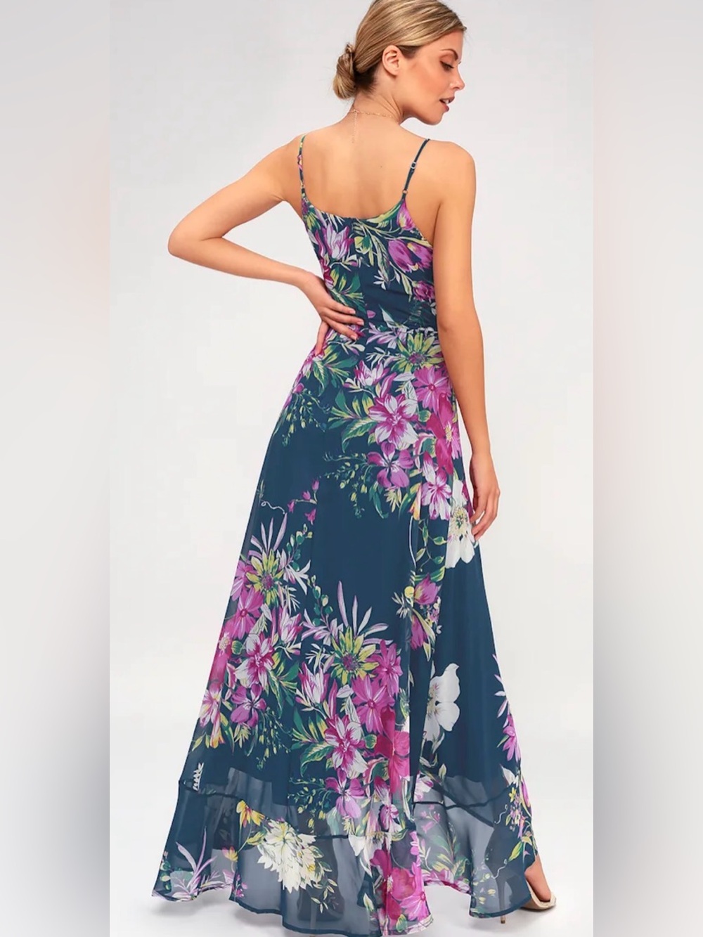 NWT LULU’S M Passion Island Teal Blue Floral Print Maxi Dress